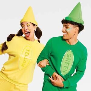 Adult Neon Green & Yellow Crayons Couples Halloween Costume Kit